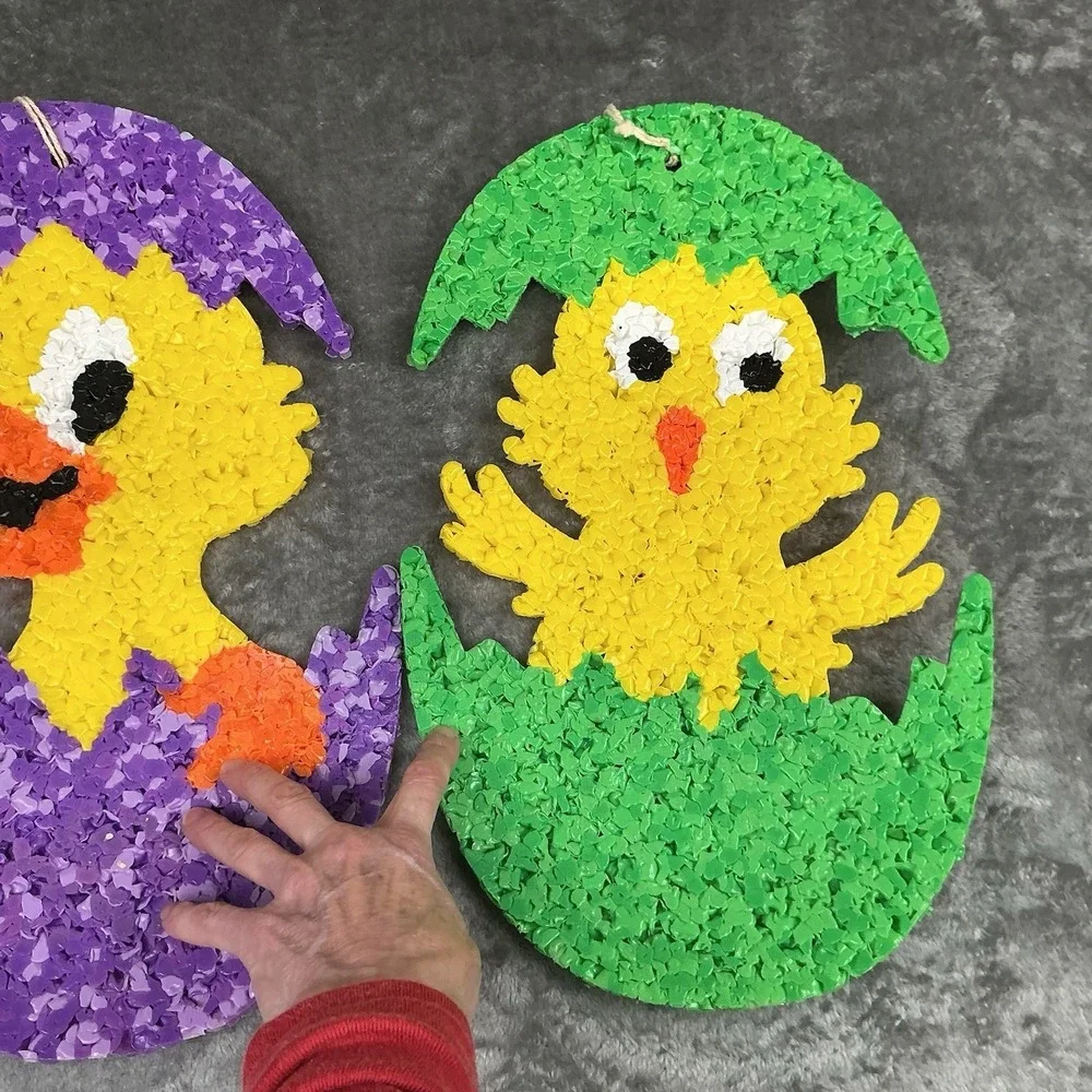 Vtg Melted Plastic Popcorn Easter Decoration Lot of 2 Easter Egg Chicks